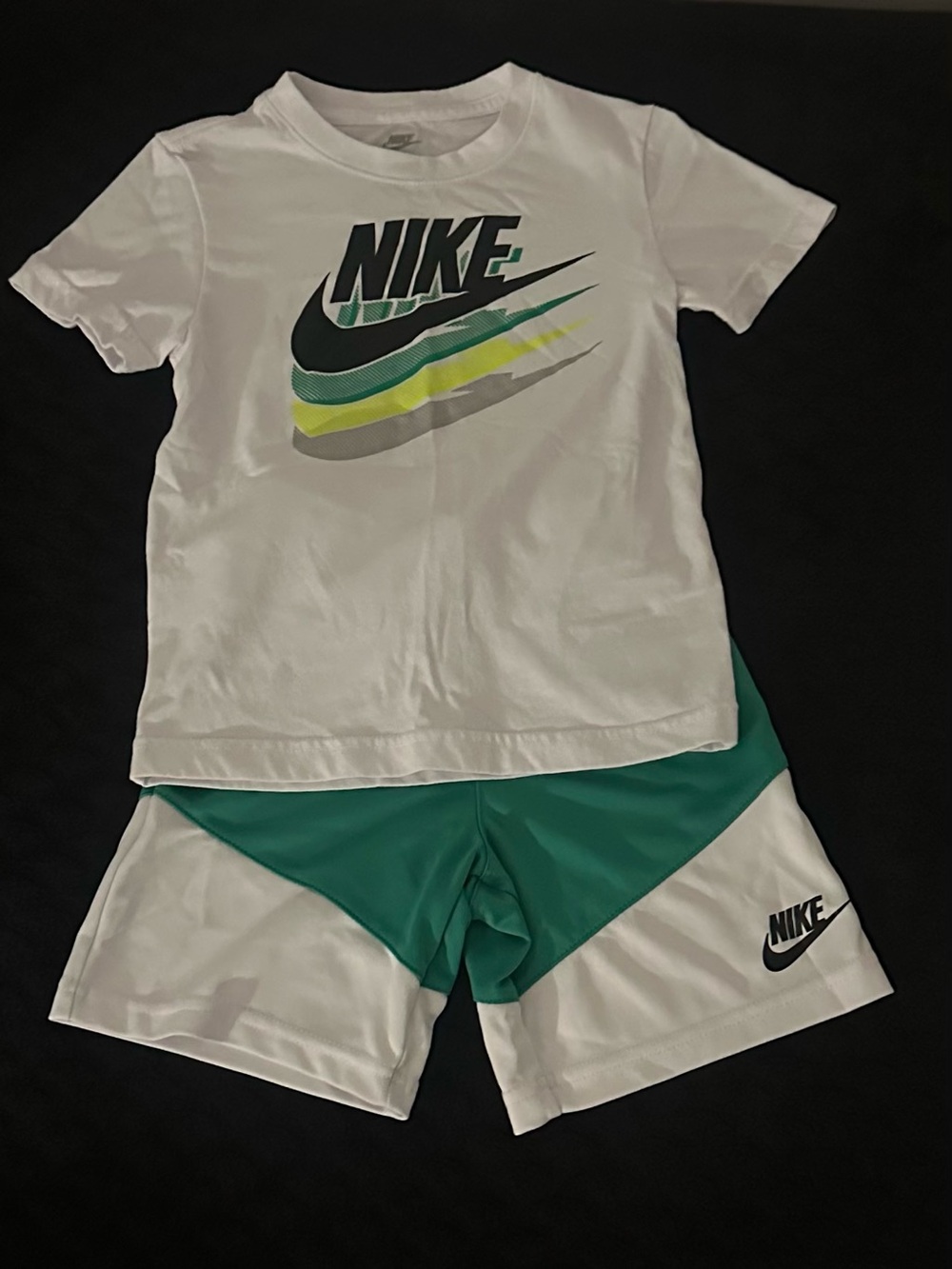 Nike White Tee and Green-Accented Athletic Shorts Set